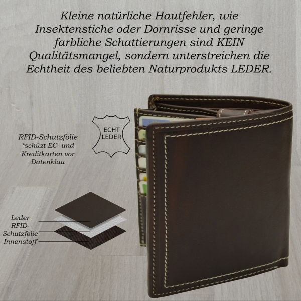 Portemonnaie mit RFID Schutz Herren Ledergeldbörse Geldbeutel Brieftasche